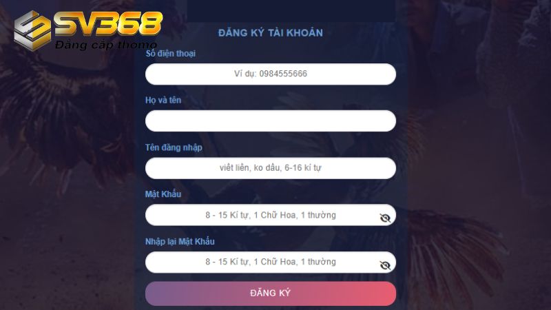 Form đăng ký tài khoản SV368